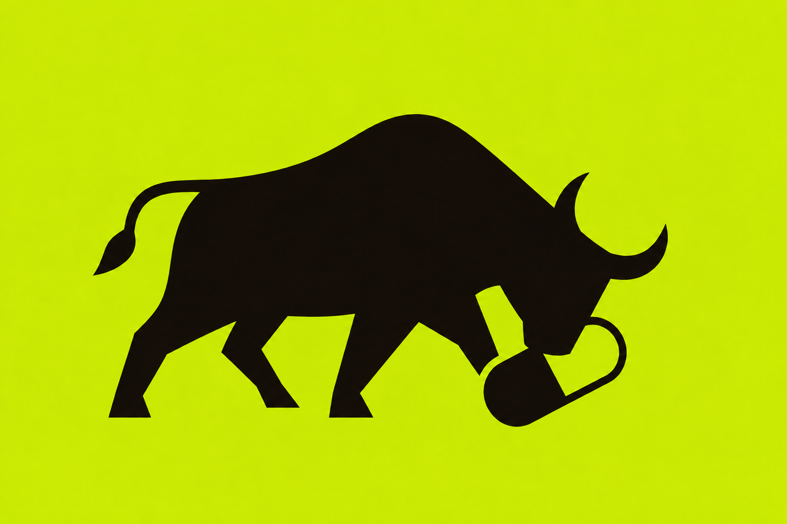 Black RobFun bull pushing a capsule on an acid-green background